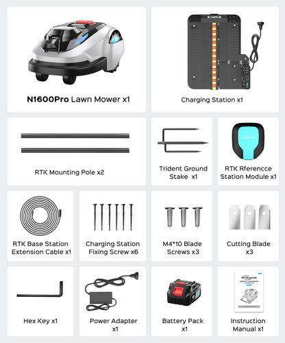 YARDCARE N1600 PRO Wireless Robotic Lawn Mower, RTK & Vision Navigation, Up to 0.4 Acre Coverage, Smart App Control, Multi-Zone Mapping, Systematic Mowing Robot
