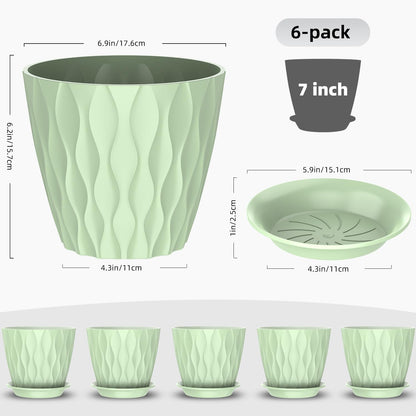 GDJUQZ 6 Pack 7 Inch Indoor Plant Pots with Drainage Holes, Outdoor Plastic Decorative Flower Pots, Garden Planters with Tray Saucers for Orchids, Violets, Succulents, Herbs, and Other Plants