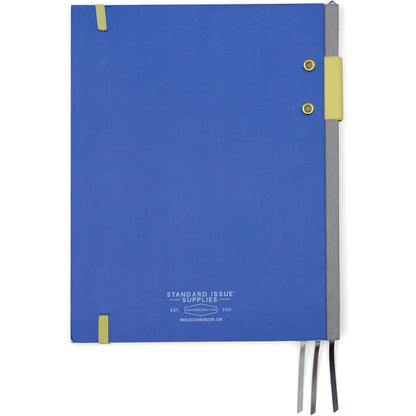DesignWorks Ink Standard Issue Notebook No. 3, Undated Daily Planner & Writing Journal, 192 Lined Pages, Pen Holder, Small Notebook for Work & Journaling, 6.75 x 8.5 in, Cobalt & Citron