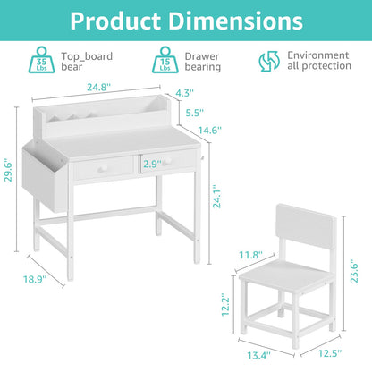 BOLUO White Kids Desk and Chair Set for 5-8 Year Old, Small Child Desk with Fabric Drawer, Children Study Table with Storage Toddler Girls Boys