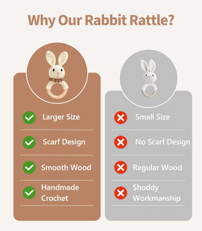 Baby Rattle Toys, Handcrafted Crochet Bunny Rattles with Wooden Teething Ring, Organic Newborn Toy Crochet Stuffed Animal Rattle Baby Announcement Ideas, Beige