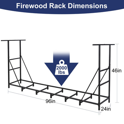 HONEST OUTFITTERS 8ft Firewood Rack Outdoor, Adjustable Heavy Duty Firewood Holder, Adjustable Wood Racks for Outdoor Indoor, Metal Log Racks for Firewood with Firewood Bag Carrier, Black