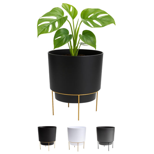 Bloem Hopson Decorative Resin Cachepot with Metal Stand, 10" Indoor and Outdoor Planter with Gold Metal Stand, Black