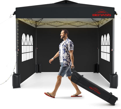 10x10 Pop Up Canopy with Sidewalls, Easy Up Canopy Tent, Heavy Duty Tents for Parties, One Person Set Up Event Tent, Black