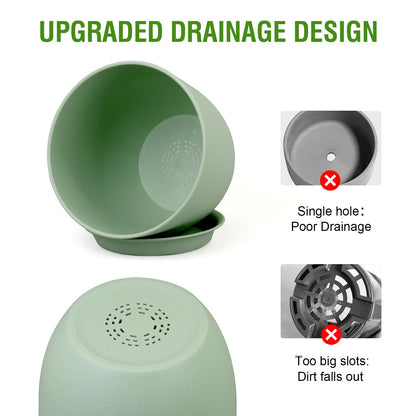 WSMKSZ Medium Plant Pots 10/9/8 inch, Flower Pots for Indoor Outdoor Plants, Set of 3 Modern Decorative Plastic Planters with Drainage Holes and Saucers for House Porch Garden Plants, Green