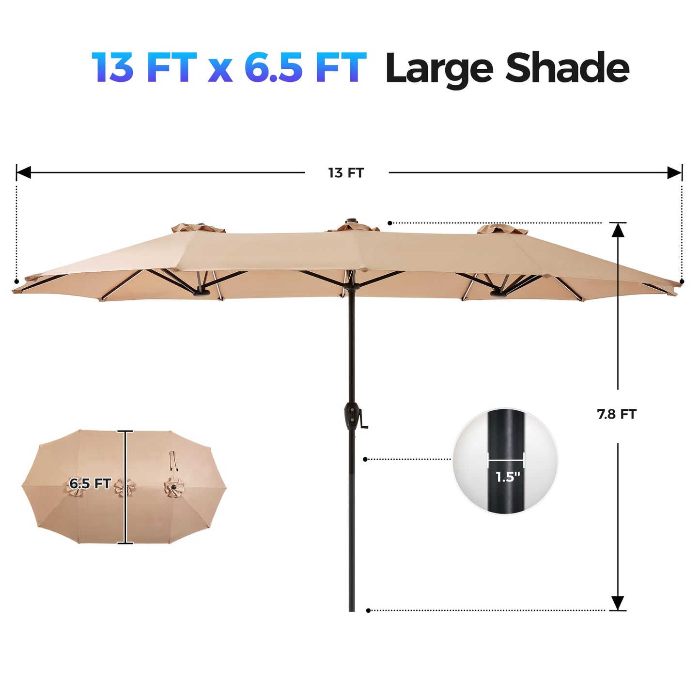SUPERJARE 13ft Outdoor Patio Umbrella with Solar Lights, Double-sided Deck Pool Umbrella with 1.5 Inch Pole, Fade Resistant Canopy, 12 Sturdy Ribs, for Porch, Market, Backyard, Beige (No Base)
