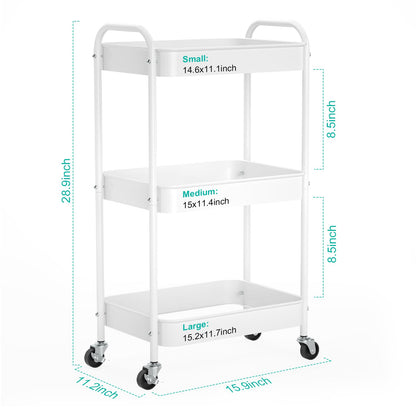 PNVXNUS 3-Tier Rolling Metal Storage Cart with Wheels, Multi-Functional Organizer for Office, Kitchen, Bathroom, Books Diapers - Easy Assembly (White)