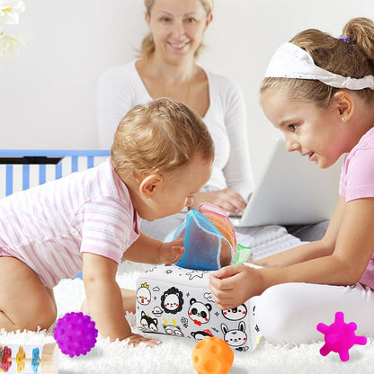 Montessori Toys for Babies 0-6 Months,7 in 1 Newborn Toys Baby Gifts Set Early Learning Toys with Black & White Baby Flashcards,Tummy Time Mirror,Baby Rattle,Sensory Balls,Tissue Box,Rain Stick