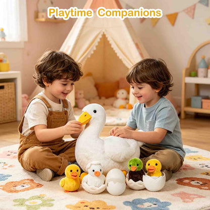 XYHQYB 7 in 1 Duck Stuffed Animal, 12" Zippered Mommy Stuffed Duck Toy with 4 Baby Ducklings and Eggs, Soft White Duck Plushie Pillow for Kids Christmas Birthday Gift Farm Party