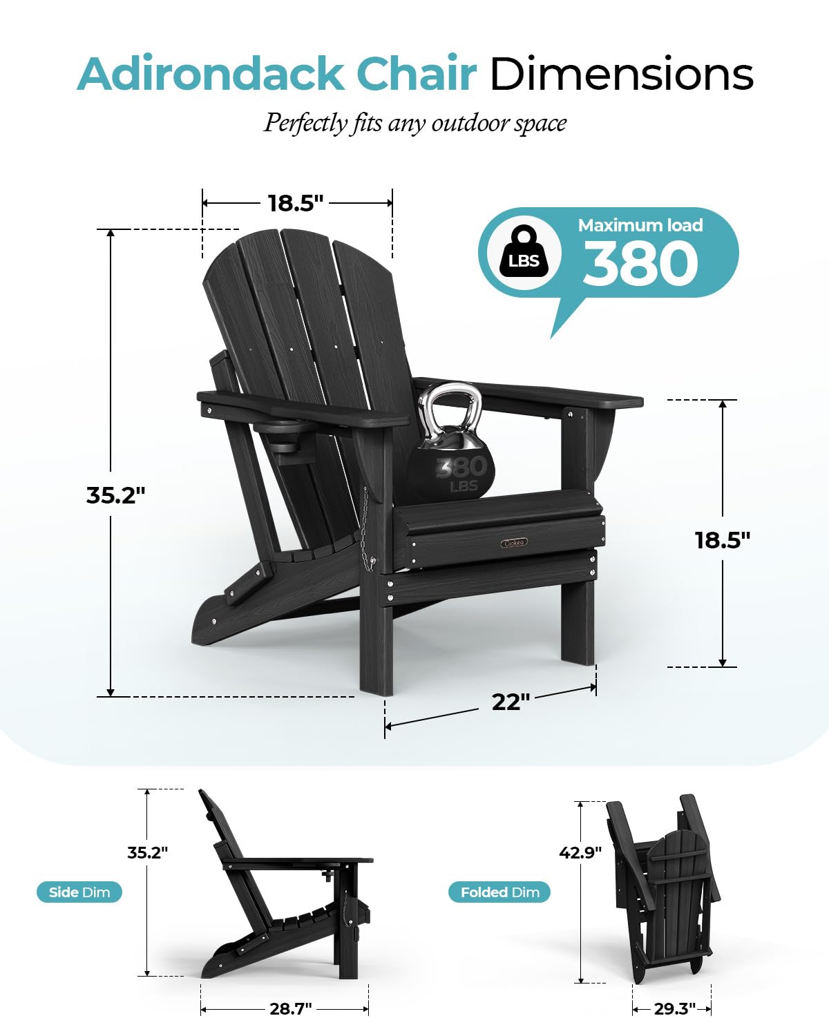Ciokea Folding Adirondack Chair Wood Texture for Patio, Weather Resistant, Plastic Fire Pit Chair with Cup Holder, Lawn Chair for Outdoor Porch Garden Backyard Deck (Black)