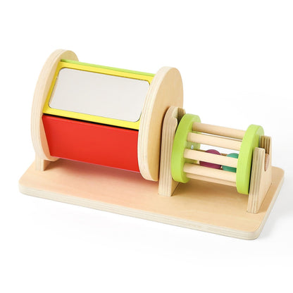 IEATFO 2-in-1 Montessori Baby Toys | Wooden Spinning Drum & Rolling Rattle Combo for 3 6 12 Months | Sensory Development Toys with Mirror, Bells & Tummy Time Play | ASTM Certified Gift (Girl/Boy)