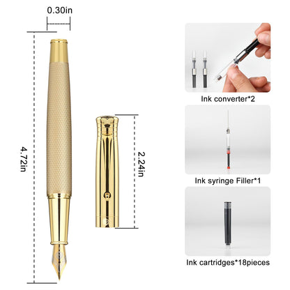 GC QUILL Fancy Fountain Pen Set – Fine and Medium Nibs, 18 Ink Cartridges, Ink Converter, Syringe Filler, Luxury Pen Gift for Men Women, Nice Pen for Writing Journaling (Gold)