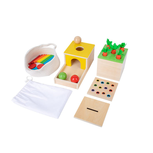Adena Montessori 4 in 1 Wooden Play Kit Baby Toys,Object Permanence Box,Matchstick Color Drop Game,Carrot Harvest and Coin Box,Ball Drop Toy for Kid 1,2,3 Year Old,Girl Boy Gift for Baby 6-12 Month