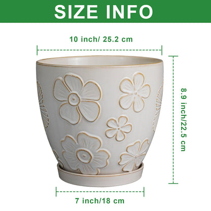 MPotTo 10 Inch Ceramic Planter Pot Large Plant Pot for Indoor Plants Outdoor Round Flower Pot with Drainage Hole and Saucer for Home Garden Decor White