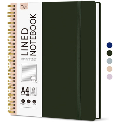 Taja Spiral Lined Notebook, 8.5"x11" Notebooks for Work, Large A4 Journal for Women & Men, College Ruled Journaling Notebook for Writing, Plastic Cover Spiral Journal, Olive