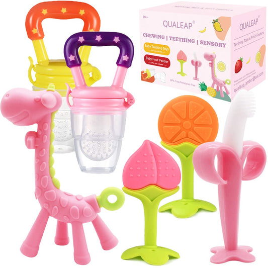 Medical-Grade Teething Toys for Babies 0-6 6-12 12-18 Months - with Adorable Baby Teethers & Baby Fruit Feeders - Soft Textures for Infant and Toddlers (Pink)