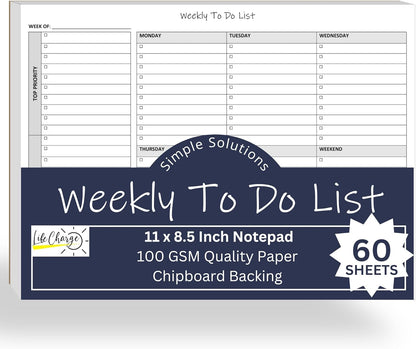 Life Charge Weekly To Do List Planner Notepad, 60 Page Task Planning Pad with Daily Checklist, Priority To-Do Checkboxes & Notes, Desk Notebook for Office Organization & Productivity, 11 x 8.5