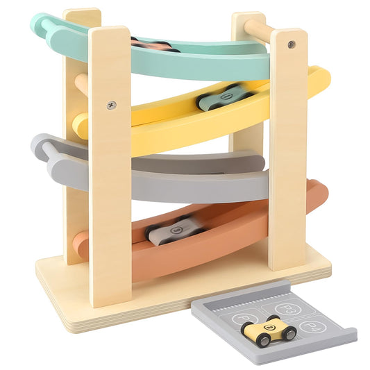 Joyreal Montessori Toddler Toys for 1 2 Year Old - 4 Level All-Wooden Car Ramp Racer Toys with 4 Mini Cars & Garages - Christmas Birthday Gifts for 1-3 Year Old Boys and Girls