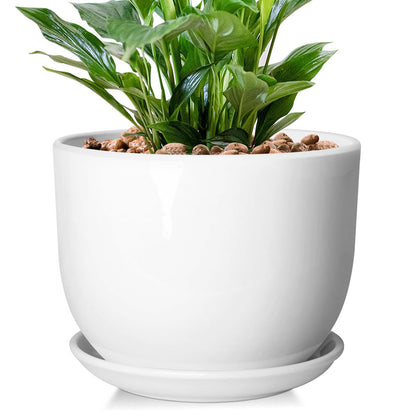 YUFDA Ceramic Plant Pots,White 5.5 Inch Flower Pots for Plants,Ceramic Planter with Drainage Holes,Indoor Planter Pots with Saucer,Outdoor Garden Pots (White, 4 Pack)