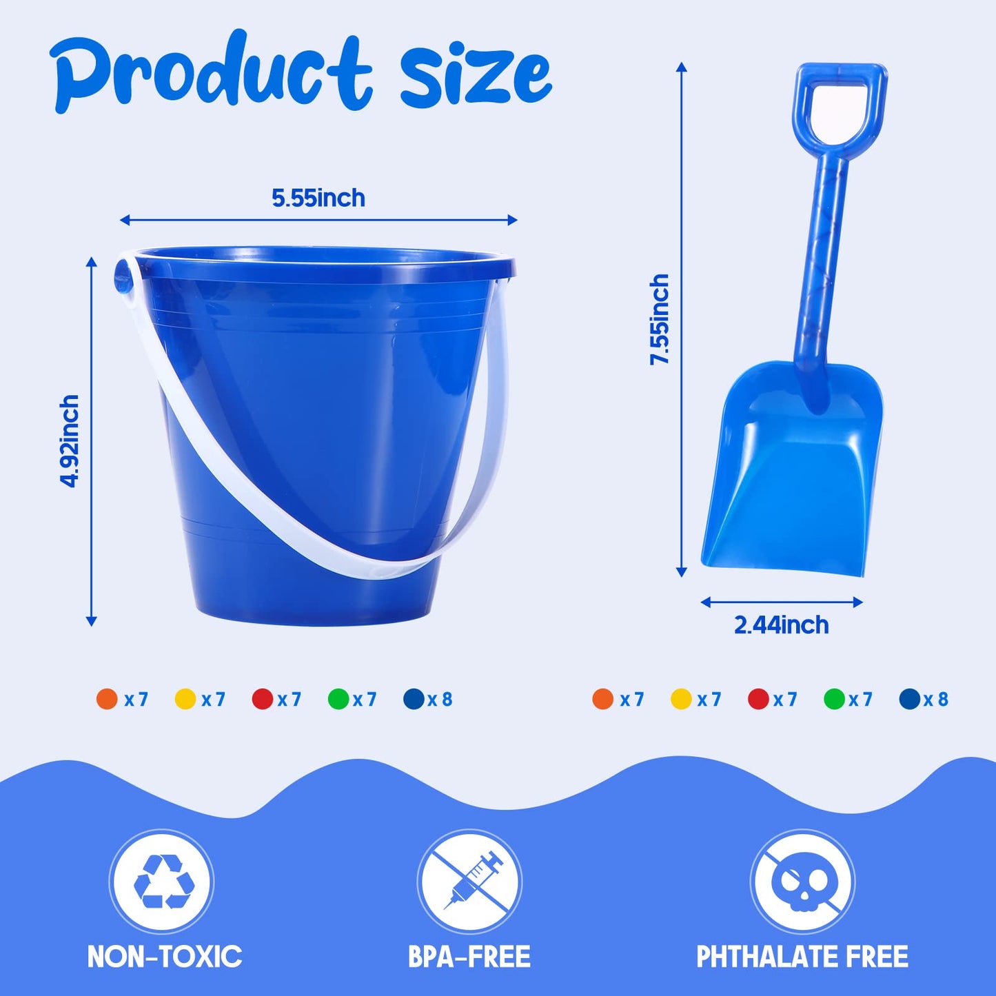 Woanger Set of 36 Beach Pails, Buckets and Shovels - 5 Inch Sand Play Set - Colorful Plastic Beach Buckets - Sand Castle Kit for Boys and Girls Birthday Party Favor