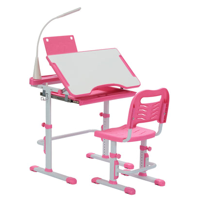 SMAGREHO Kids Desk and Chair Set, Height Adjustable Child's School Study Writing Tables with Tilt Desktop, LED Light, Storage Drawer, Book Stand (Pink)