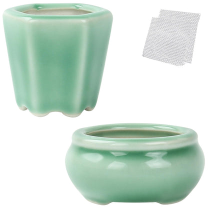 Bonsai Planter Succulent 2.4-2.8" (6-7cm) Mini Green Pots Value Set of 2