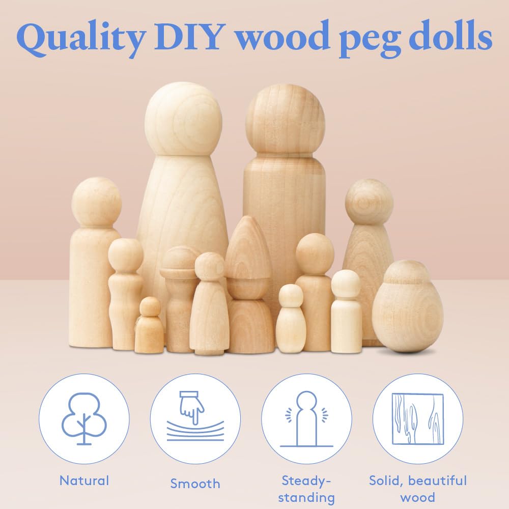 Wood Peg Dolls, 3.5 Inch Large Mom/Angel Shape Wooden Peg People, Pack of 50 Wooden Dolls for Play, Strong Birch Wooden People Figures, Peg Dolls Unfinished, Wooden Pegs for Crafts