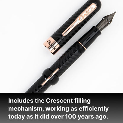 Conklin Mark Twain Crescent Filler Fountain Pen - Black Chase with 18 Karat Rose Gold Trim - Flex Nib