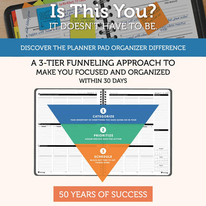 Planner Pad Spiral Bound January-December 2026/ Calendar Year 8 1/2" x 11" Large 3-Tier Funnel Down 12 Month Organizer, Black Cover/Black Ink