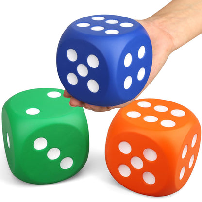 Large 3 Inch Foam Fidget Dice Toys, Jumbo Stress Toy Relief Big Dice, Squeeze Squishy Giant Large Fidgets Cube for Family Board Game Classroom Party Favors Bag Stuffer (3 Pack)