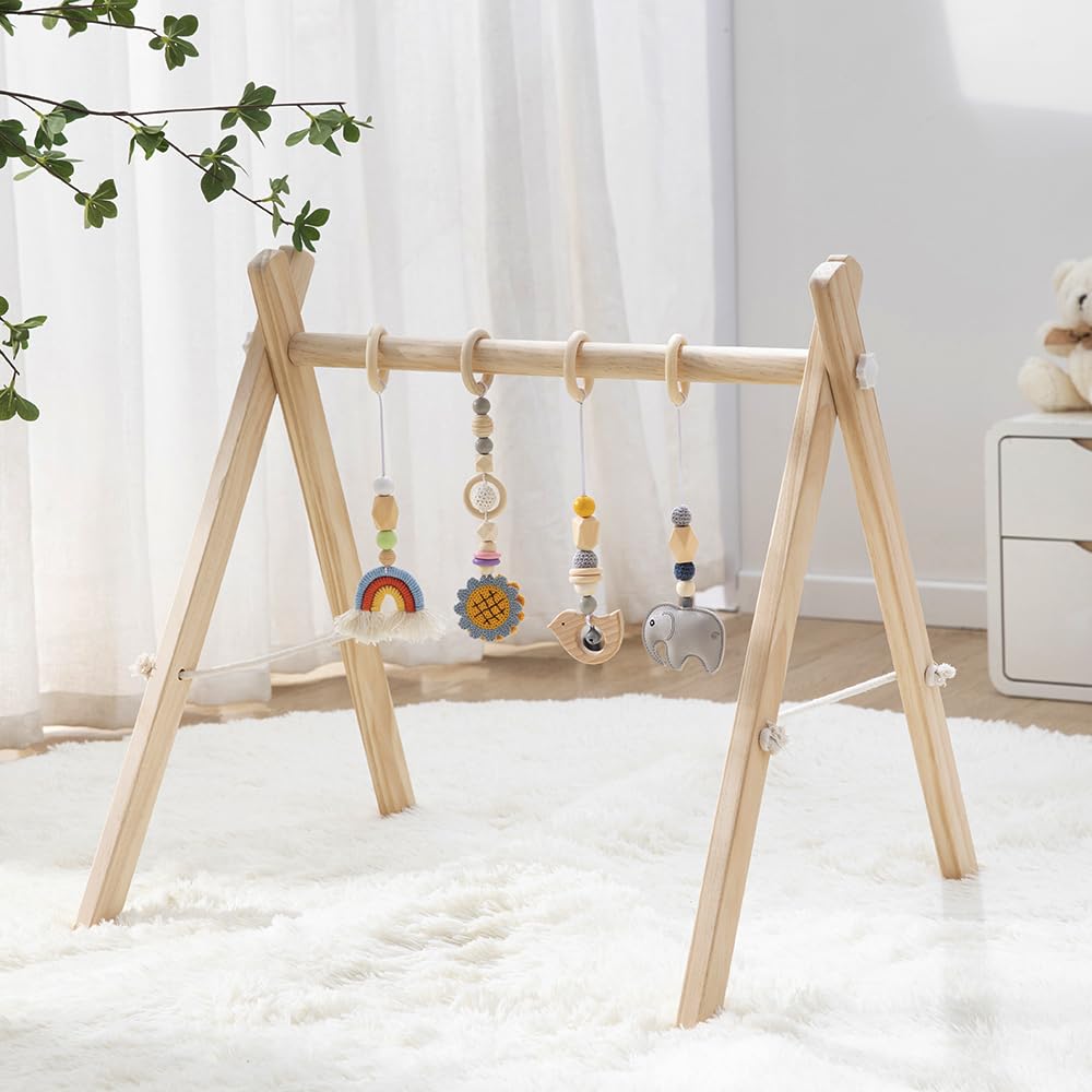 Toyking Wooden Baby Play Gym with Hanging Bar, 4 Gym Toys and Natural Pine Wood, Perfect for Infant Development