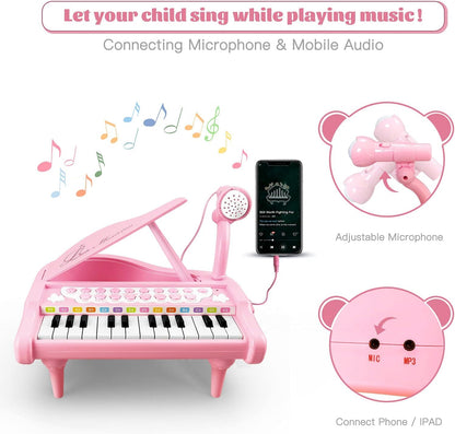 Love&Mini Piano Keyboard Toys for Girls - 24 Keys Toddler Piano Music Toy Instruments with Microphone，Pink Piano Toys for 1 2 3 4 5 Years Old Girls Birthday Xmas Gifts (24 Keys Pink Piano Toy)