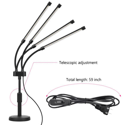 Grow Lights for Indoor Plants, Four Head LED Grow Light with Full Spectrum, Red White Spectrum for Indoor Plant Lamp, Adjustable Gooseneck, Suitable for Vegetation