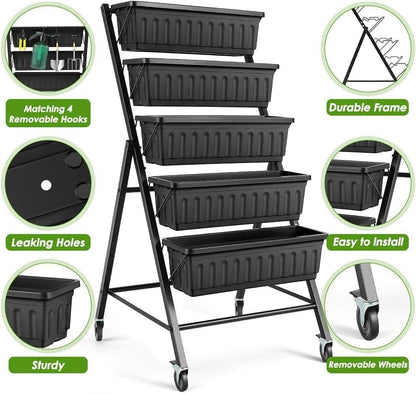 SEJOV 2 Pack Vertical Raised Garden Bed, 5-Tier Vertical Garden Planter with Drainage System, Larger Elevated Planter Box for Herbs Vegetables Flowers Indoor Outdoor (Black with Lockable Wheels