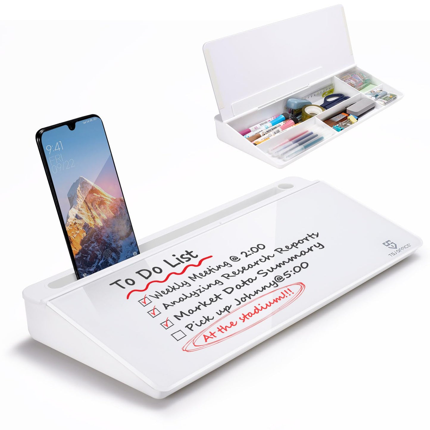 TSJ OFFICE Small Desktop Whiteboard -Glass Dry Erase Board Computer Keyboard Stand White Board Surface Pad with Drawer, Desk Organizers with Accessories for Office, Home, School Supplies - White