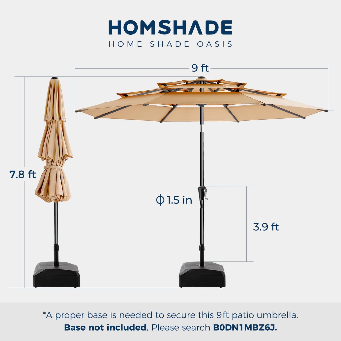 HOMSHADE 9FT 3-Tiers Outdoor Patio Umbrella with 5-Year Fade Resistant,Vented Outdoor Commercial Market Umbrella with UPF50+ UV Protection & Push Button Tilt and Crank for Pool,Backyard(Beige)
