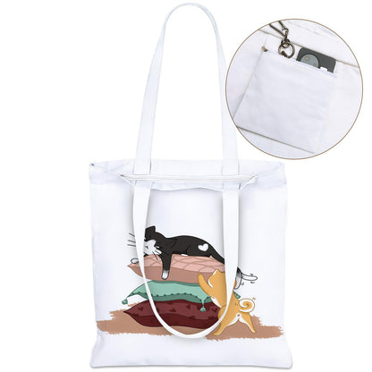 GICDSU Black Cat Cotton Canvas Tote Bag with Zipper, Reusable Grocery Bags, Beach Foldable Tote Bag for Women, Funny Totebag with Inner Pocket for Shopping Travel Gym Work