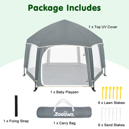 Zooawa Pop Up Playpen for Baby, 150*100 cm(L*H) Playpen for Babies and Toddlers with Removable Sun-Shades& 2 Side UV Covers, Lightweight Outdoor Baby Play pen for Beach Home with Travel Bag,Light Gray