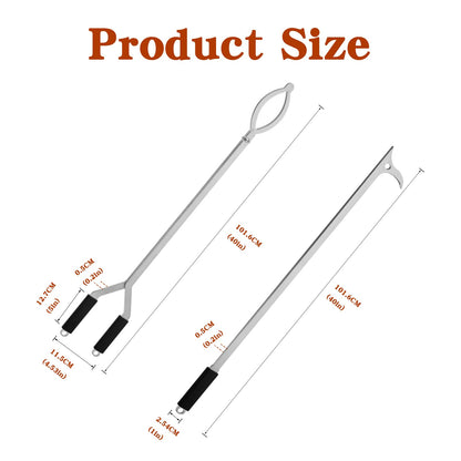 40" Stainless Steel Fire Log Tongs Firewood Grabber and Fire Poker Set,Large Fire Pit Tool Outdoor/Indoor Bonfire Campfire Backyard Deck Camping Log Grabber Safely Moves Firewood