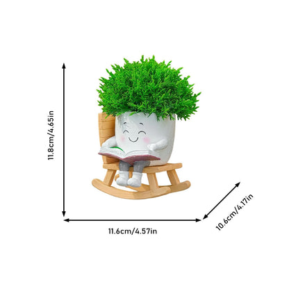 Rocking Chair Smily Face Planter with Drainage Hole, Small Plants Resin Succulent Planter Indoor Outdoor Decor for Desk Balcony Garden (White B)