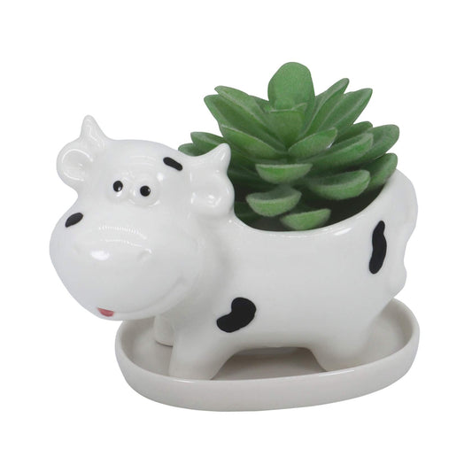 Gemseek Cute Cow Succulent Planter Pot with Drainage Tray, Small White Ceramic Cactus Flower Container, Animal Shaped Indoor Air Plants Holder