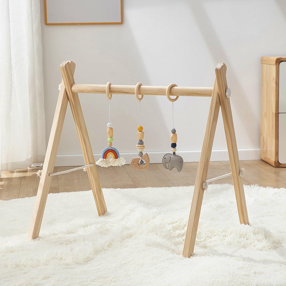 Toyking Wooden Baby Play Gym with Hanging Bar, 4 Gym Toys and Natural Pine Wood, Perfect for Infant Development
