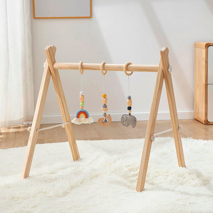 Toyking Wooden Baby Play Gym with Hanging Bar, 4 Gym Toys and Natural Pine Wood, Perfect for Infant Development