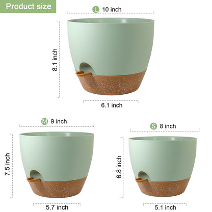 WSMKSZ 10/9/8 inch Self Watering Pots, Planter, Plant Pots with Mesh Drainage Holes for Indoor Outdoor Garden Plants, Plastic Flower Pots with Deep Reservoir for House Plants, Green with Brown