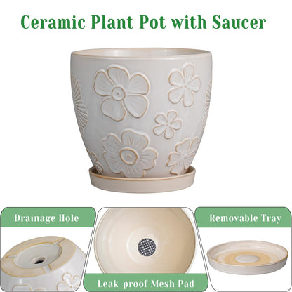 MPotTo 10 Inch Ceramic Planter Pot Large Plant Pot for Indoor Plants Outdoor Round Flower Pot with Drainage Hole and Saucer for Home Garden Decor White