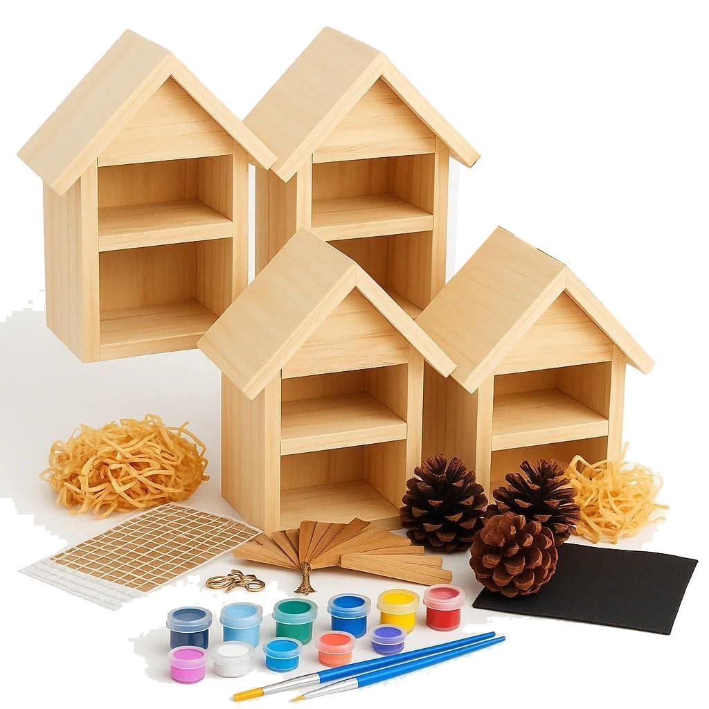 CEDAR ALPHA 4 Pack DIY Insect Hotel Kit, Backyard Insect House, Solid Wood 5.9"x 7.7"x 4.7", UVcoating Painted, Bee House, Nesting Habitat Shelters, Garden Shelter for Bees, Butterflies, Bugs