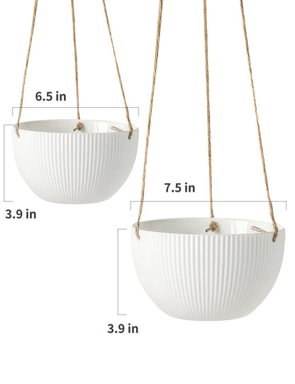 UBEE Ceramic Hanging Planters Indoor Outdoor, 7.5 Inch + 6.5 Inch Hanging Flower Pot for Plants Hanging Basket for Succulent Pothos Herbs Window Home Decor, 2 Pack, White