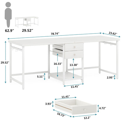 Tribesigns 79 Inch Extra Long Double Desk with 2 Drawers, Two Person Computer Desk with Storage Shelves, Writing Table Study Desk for Home Office, White