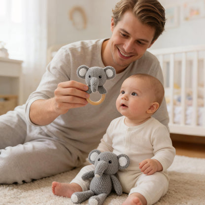 Baby Toys Elephant Stuffed Animals for Babies 2Pcs Cute Calf Plush Toys Set: 10" Grey Elephant Plush Doll and 5.9" Baby Teething Rattle Soft Baby Boy Girl Gifts for Birthday,Easter,Baby Shower