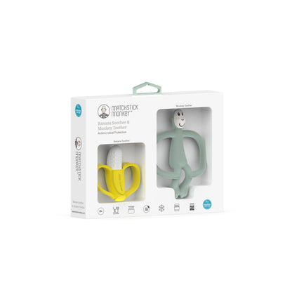 Matchstick Monkey Teething Gift Set for Babies – Includes Banana Soother & Monkey Teether, Easy-to-Grip BPA-Free Silicone for Teething Relief & Oral Development, 3 Months+, Mint Green